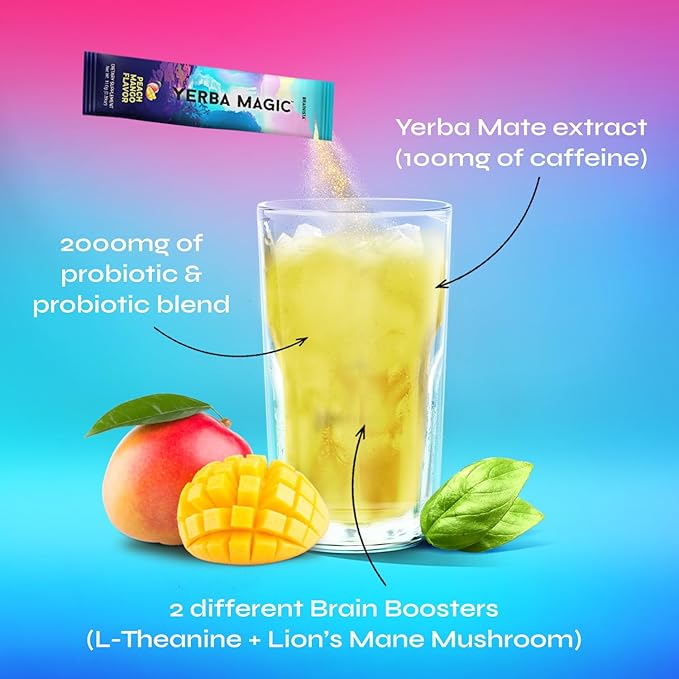 Yerba Magic Yerba Mate Powder Packets - Instant Clean Energy &amp Focus Drink Mix for Gut Health - Nootropic Blend with Lion’s Mane L-Theanine Prebiotics &amp Probiotics - Low Sugar Natural Caffei