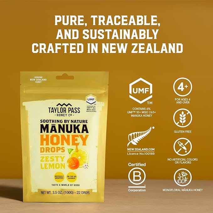 Taylor Pass Mānuka Honey Drops Bundle UMF™ 10+ Cool Mint Zesty Lemon &amp Berry Bliss Lozenges | Natural Soothing On-The-Go | 3 Packs 22 Drops Each | Made in New Zealand