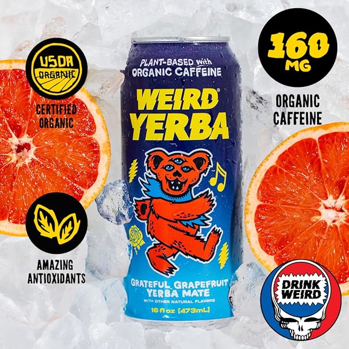Drink Weird Organic Grateful Grapefruit Yerba Mate – 16oz Cans 160mg Organic Caffeine Pack of 12 – Grateful Dead Collab Healthy Energy Drink Alternative