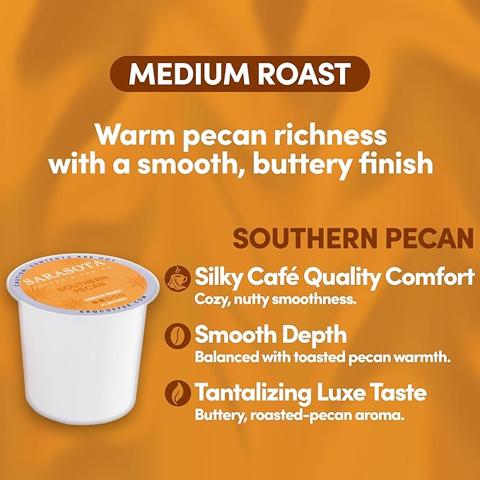 Sarasota K-Cup Coffee Pods | Medium Roast Flavored Coffee | Southern Pecan Crunch | Single Serve for Keurig Brewers | Gourmet Low Acid Mold Free | 24 Count