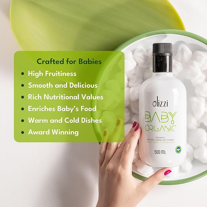 Olive Oil for Baby Food - Olizzi Baby Organic Extra Virgin Olive Oil Cold Pressed USDA Organic Kosher Delicious Smooth Award Winning Polyphenol Rich 16.9 FL OZ (500 ML)