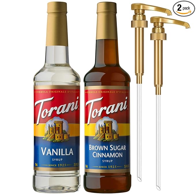 Torani Syrups Brown Sugar Cinnamon and Vanilla Syrup Variety 2-Pack Coffee Syrups for Drinks Pumps Included 25.4 Fl Oz Ea