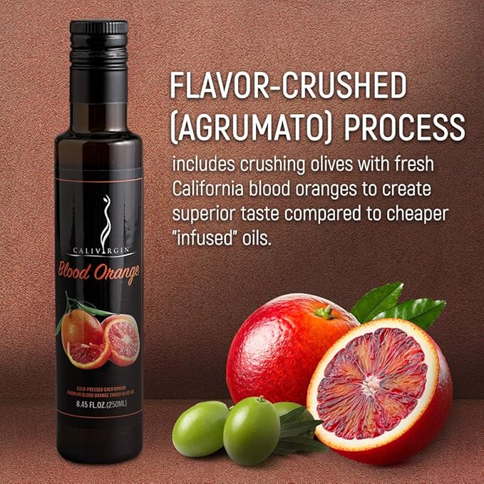 Calivirgin Blood Orange Olive Oil - Blood Orange Infused Extra Virgin Olive Oil - Cold Pressed Olive Oil - Blood Orange Flavored Olive Oil - No Preservatives Organically Grown Olives - 250ml