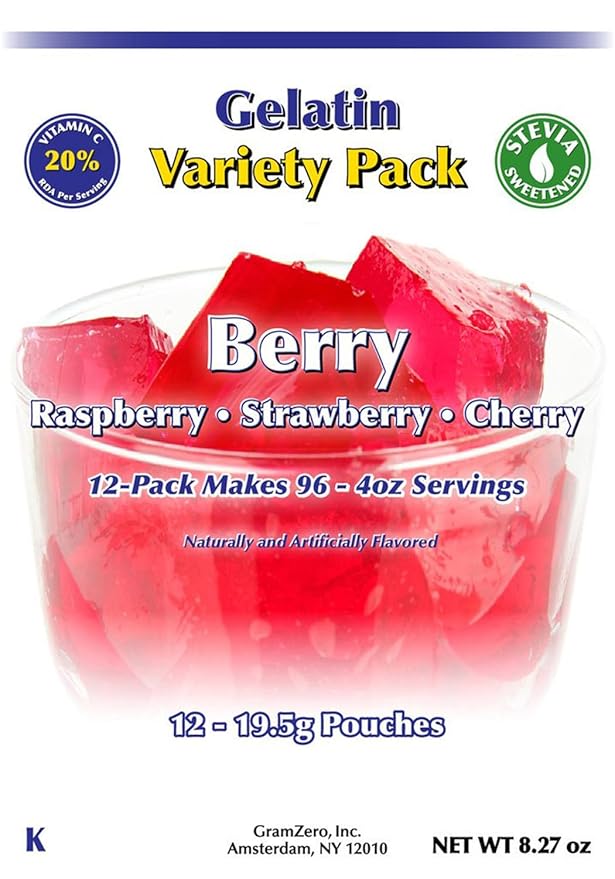 GramZero Berry Variety (Raspberry Strawberry Cherry) Sugar Free Gelatin Mix 12-Pack Zero Carb Dessert Stevia Sweetened