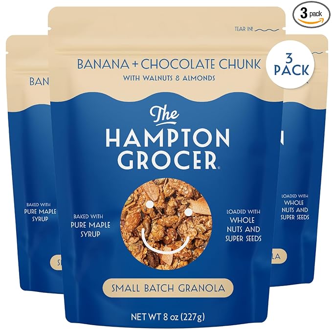 The Hampton Grocer Banana &amp Chocolate Chunk Granola 3 pack - Gluten-Free Dairy-Free Made with Real Bananas Walnuts &amp Maple Syrup - Crunchy Small-Batch 8oz