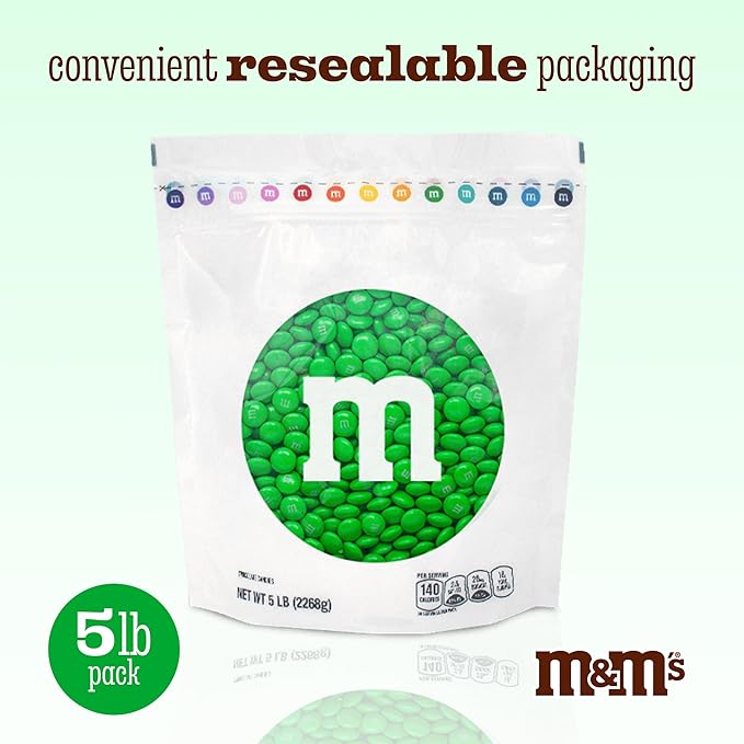 M&ampM’S WORLD Milk Chocolate Green - 5lbs of Bulk Candy in Resealable Pack for Buffet Birthday Parties Theme Meetings Sweet Stuff for DIY Party Favors or Edible Decoration