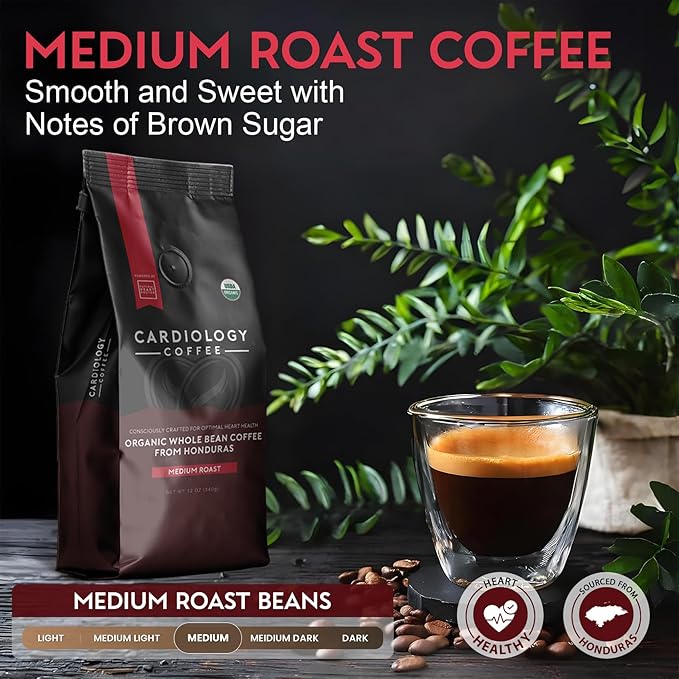 Cardiology Coffee – Whole Bean Coffee – USDA Certified Organic Mold Free 12oz Premium Medium Roast Organic Coffee Beans with Antioxidant Benefits – Perfect for Heart Healthy Lifestyle