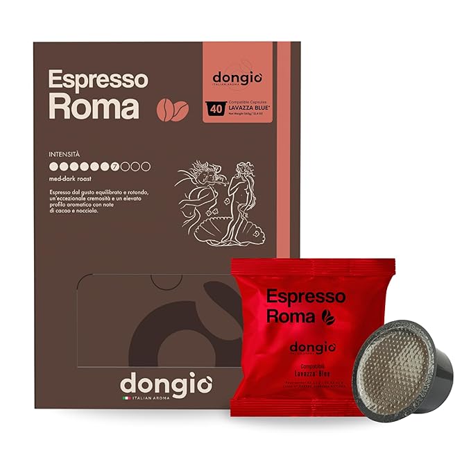 Dongiò Caffè Espresso Roma - 40 Capsules compatible with Lavazza Blue/Black systems Med-Dark Roast Coffee (Intensity 7/10) - Roasted and Blended in Italy