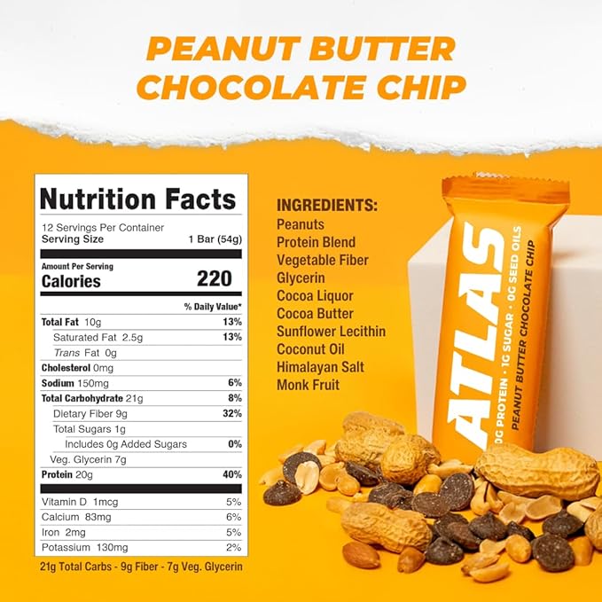 Atlas Real Food Protein Bar – 20g Clean Protein 1g Sugar No Seed Oils No Artificial Sweeteners (Peanut Butter Chocolate Chip 60 Count)