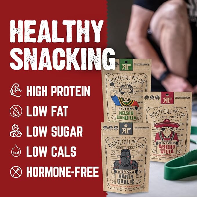 Righteous Felon Biltong Beef Jerky Variety Pack | South African Biltong Snack Packs for Adults | High Protein Keto-Friendly Low Sugar | Made with Premium Meats | Beef Jerky Gifts for Men | 3 Pack