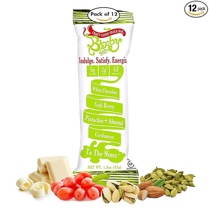 Bixby 12 Bars of Gluten Free White Chocolate - Pistachio Almond Goji Berry and Cardamom Bulk Chocolate Bars - Non GMO Protein Snack with Clean Ingredients - Pack of 12 Gourmet Candy Bars 1.5oz each