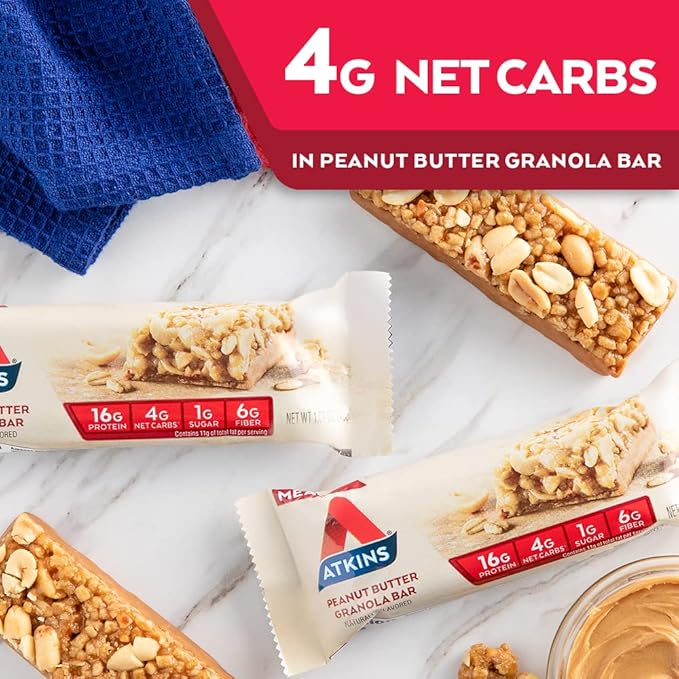 Atkins Peanut Butter Granola Protein Meal Bar High Fiber 16g Protein 1g Sugar 4g &amp Caramel Chocolate Nut Roll Snack Bar Protein Snack High in Fiber 2g Sugar 16 Count