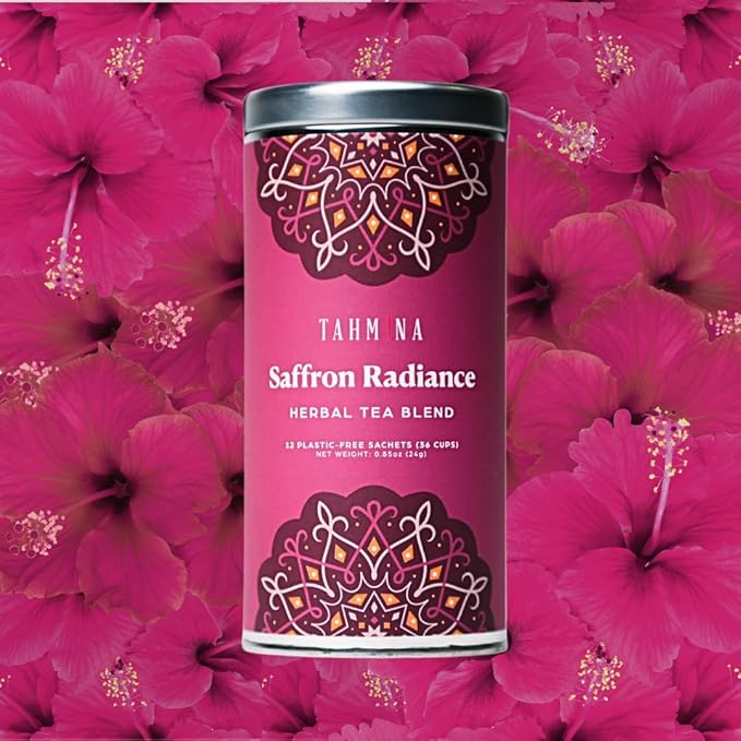Tahmina Saffron Radiance Caffeine Free Tea: Calming Hibiscus and Rose with Saffron 12 Biodegradable Pyramid Tea Bags Makes 36 Cups of Tea (1 Pack)