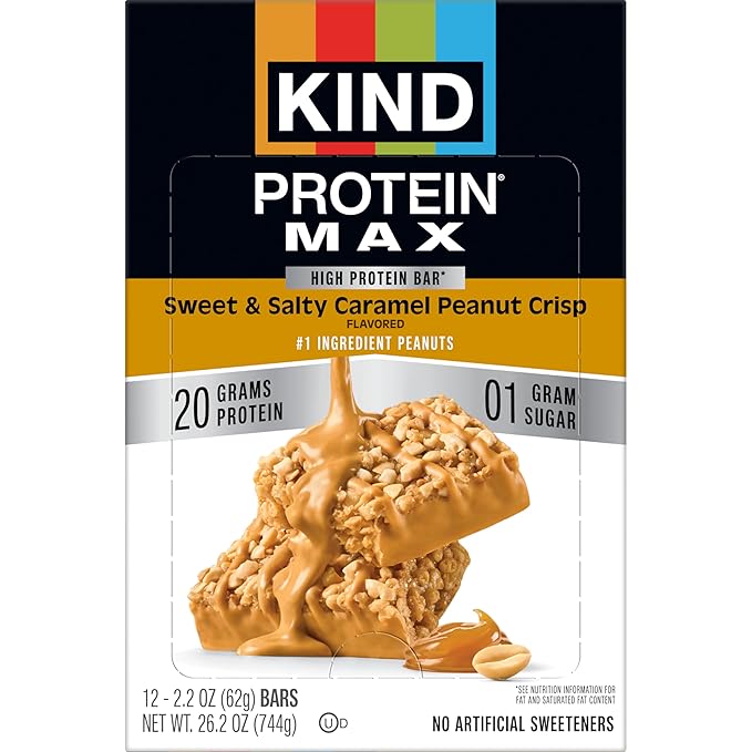 KIND Protein MAX Sweet &amp Salty Caramel Peanut Crisp Snack Bars Keto Friendly 20g Protein 12 Count