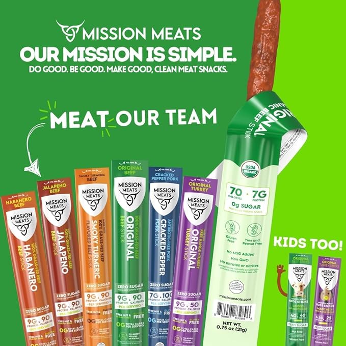 Mission Meats 100% Certified Organic Beef Sticks – Pasture-Raised Zero Sugar Non-GMO Healthy Individually Wrapped Meat Sticks Snack 0.75oz (24ct)