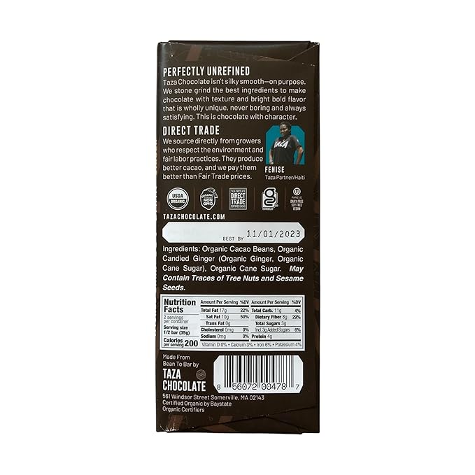 Taza Chocolate Organic Amaze Bar 95% Stone Ground Wicked Dark with Ginger 2.5 Ounce (10 count) Vegan