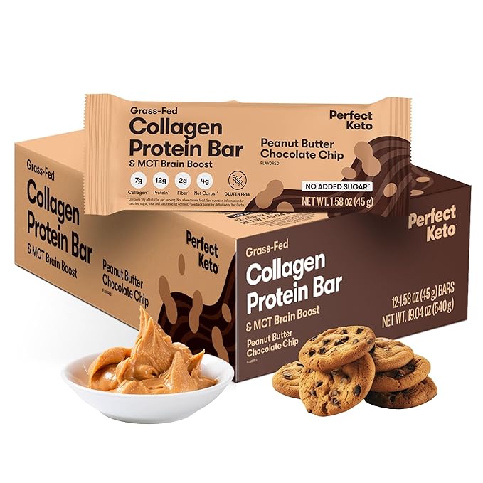 Perfect Keto Collagen Protein Bar Gluten Free Grass Fed Collagen + MCT Oil Low Carb No Sugar Added High Protein Snacks Keto Diet Foods 13g Protein 18g Fat 3g Net Carbs Peanut Butter Chocolate