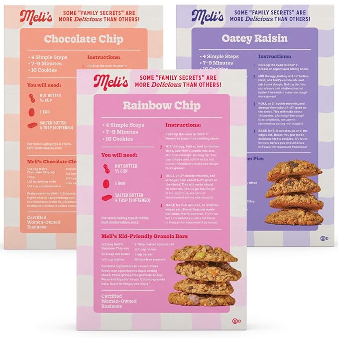 Meli’s Gluten Free Cookie Mix Cookies Variety Pack - Chocolate Chip Rainbow Chip &amp Oatey Raisin High Protein Baking Mix Easy Bake Oven Mixes for Sweet Treats &amp Desserts 16oz Box3-Pack