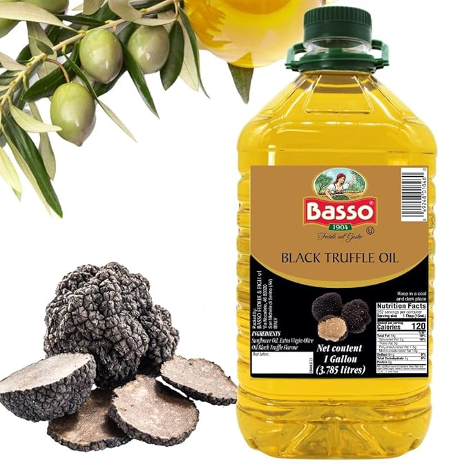 BASSO 1904 Black Truffle Infused Oil – Bulk 1 Gallon (3.785L) – Italian Extra Virgin Olive Oil with Truffle Aroma – Non-GMO Gourmet Finishing Oil for Pasta Risotto &amp Pizza – Product of Italy