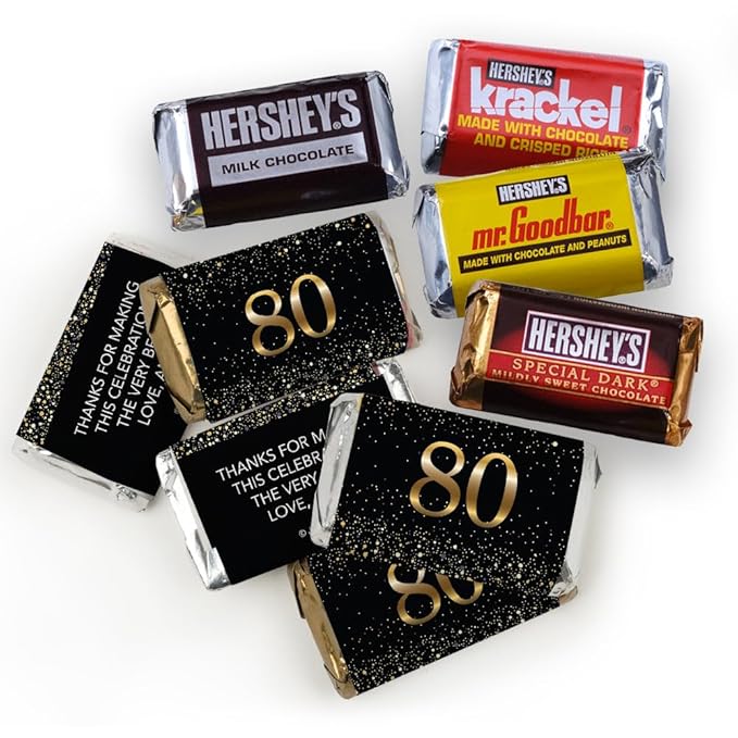 192pcs Personalized 80th Birthday Candy Kit Chocolate Party Favors for Guests Candy Buffet Supplies (Custom Wrapped Miniatures Kisses Peanut Butter Cups)