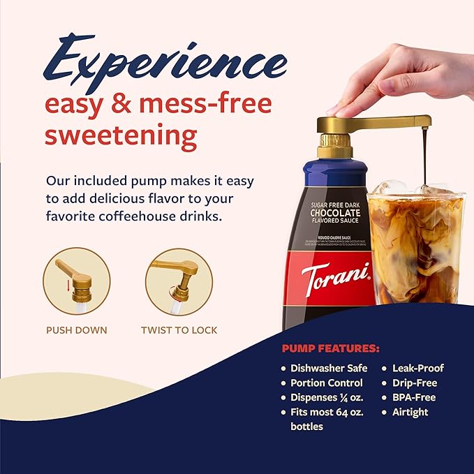 Torani Sugar Free Dark Chocolate Sauce for Coffeehouse Drinks and Desserts Large 4lb Bottle Pump Included 64 Fl Oz