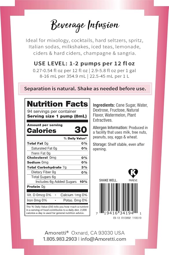 Amoretti - Watermelon Beverage Infusion 94 Servings Per Bottle (750 ml) - Drink Mix &amp Water Enhancer with Pump for Flavoring Cocktails Waters Teas and other Beverages Preservative Free