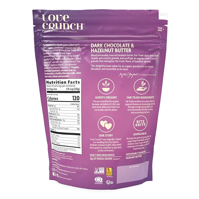 Love Crunch Organic Dark Chocolate &amp Hazelnut Butter Granola 10.6 oz (Pack of 6) Non-GMO Fair Trade by Nature's Path