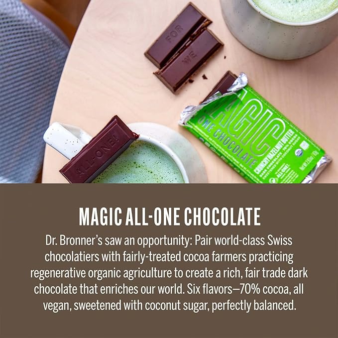 Dr. Bronner's - Magic All-One Chocolate Crunchy Hazelnut Butter Bar—Certified Organic &amp Fair Trade 70% Cocoa Vegan Kosher No Added Salt Coconut-Sugar Sweetened &amp Perfectly Balanced | 6 Co