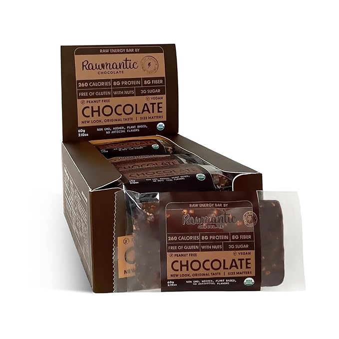 Rawmantic Vegan Protein Bar Dark Chocolate (Pack of 12) – Blend of Dairy Free Dark Chocolate Pea Protein Almonds Pecans Cacao Nibs &amp More - Dairy-Free Gluten-Free Plant-Based &amp Guilt-Fre