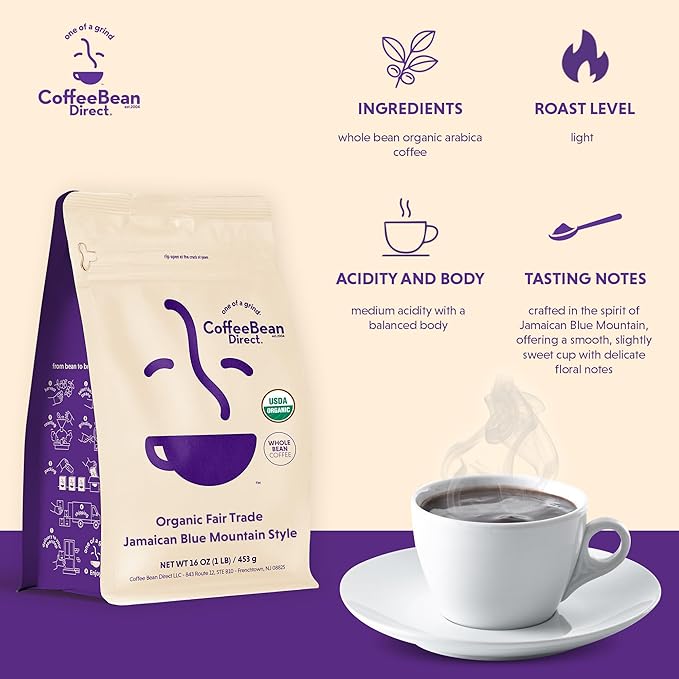 Coffee Bean Direct Organic Fair Trade Jamaican Blue Mountain Style Whole Bean Coffee Light Roast 1 Pound Bag (Pack of 1)