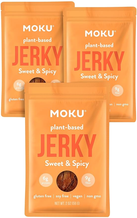 Moku Plant-Based Mushroom Jerky Vegan Gluten Free Soy-Free Non-Gmo No Artificial Sweetener Healthy Snacks 2.0 Oz Ea (3 Count Sweet &amp Spicy)