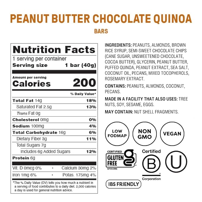 Fody Foods Snack Bars Peanut Butter Chocolate Quinoa 1.41 Oz (Pack of 12) 6g Protein Low FODMAP Gut &amp IBS Friendly Vegan Lactose Free Non-GMO Gluten Free