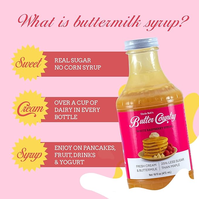 Butter Country Rich and Creamy Buttermilk Syrup | White Raspberry Flavor | Unique Gourmet Syrup for Pancakes Waffles &amp More | 16 fl oz/4 Pack