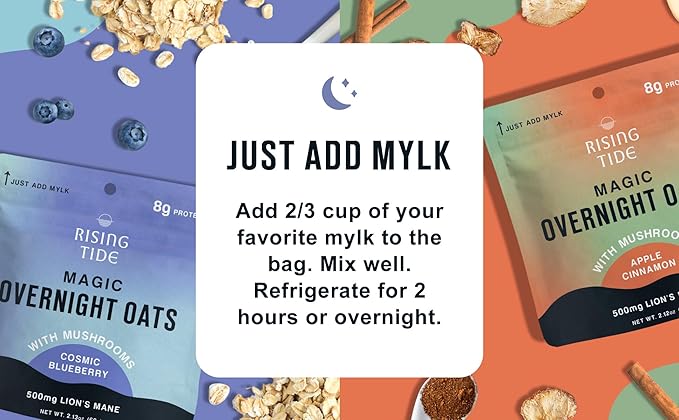Mushroom Overnight Oats Variety Pack (8 Pack) – Superfood Lions Mane Mushroom Chia &amp Flax Seed - Organic Protein Oatmeal - High Fiber Vegan Gluten Free Low Sugar - Easy Prep Plant Protein - Ap