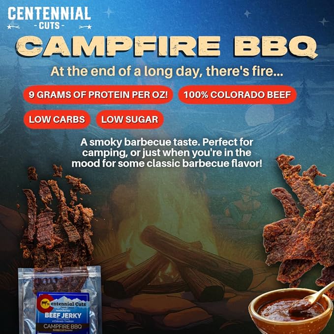 Centennial Cuts Beef Jerky – Campfire BBQ – High Protein Classic Sweet &amp Smoky Flavor – 7 oz Snack
