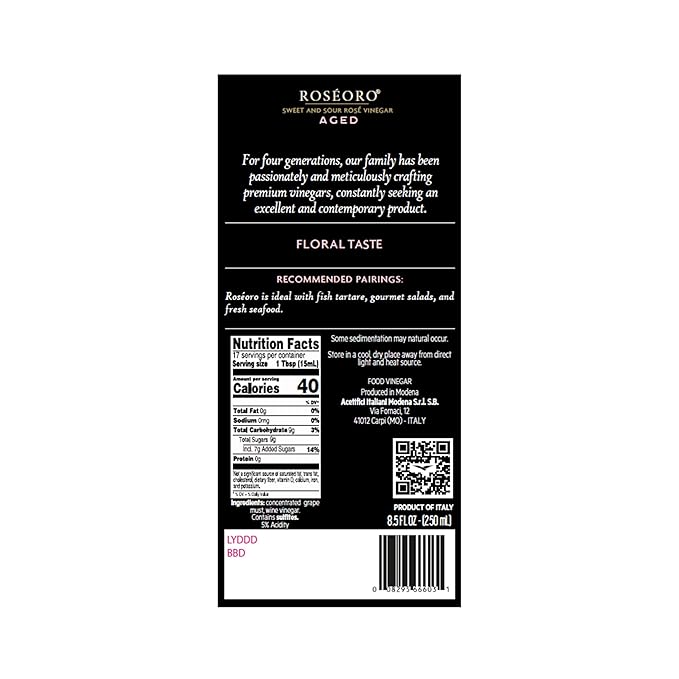 De Nigris Excellence Line - Roseoro Sweet Red Wine Vinegar 85 Oz (250ml) | with Balsamic Vinegar From Modena Italy Sweet And Sour Condiment | Aged (RosèOro)