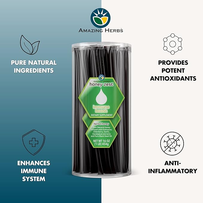 Amazing Herbs Raw Natural Honey - Herbal Honey Infused with Echinacea Elderberry Garlic Eucalyptus Extracts &amp Pure Black Seed Oil Non GMO Gluten Free - Honeyzest Immune Boost Straws 100 Coun