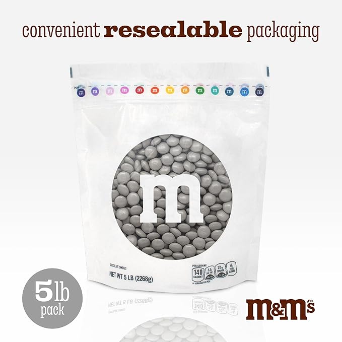 M&ampM’S WORLD Silver Milk Chocolate Candy Bulk - 5lbs Resealable Pack for Party Favors Candy Bars Weddings Graduations Birthday Parties Party Favors and More