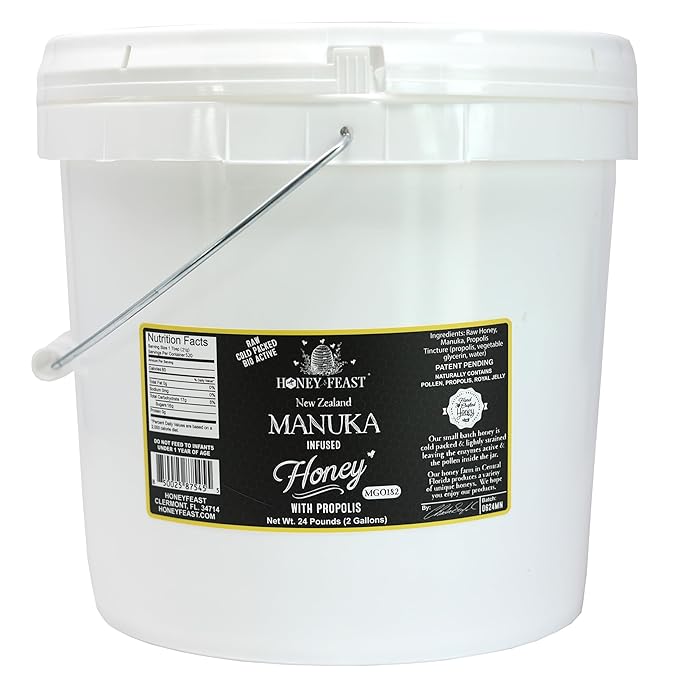 HONEY FEAST Propolis &amp Manuka Infused Raw Honey | 2 Gallon Bulk New Zealand Infused Blend with Propolis | MGO182 | Patent Pending Formula