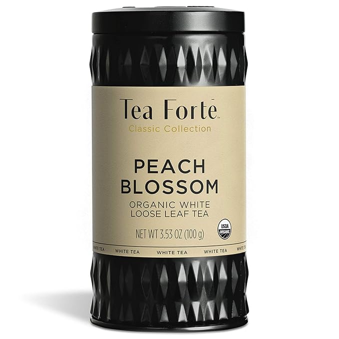 Tea Forte Peach Blossom Premium Organic Loose Leaf Caffeinated White Tea Blend Canister Makes 35-50 Cups