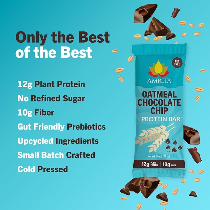 Amrita Nut Free Oatmeal Chocolate Chip Vegan Protein Bars (12 Count PK of 3) | 12g Plant-Based Protein Bar | Peanut Free Gluten Free Dairy Free | Low Sugar High Fiber School Safe