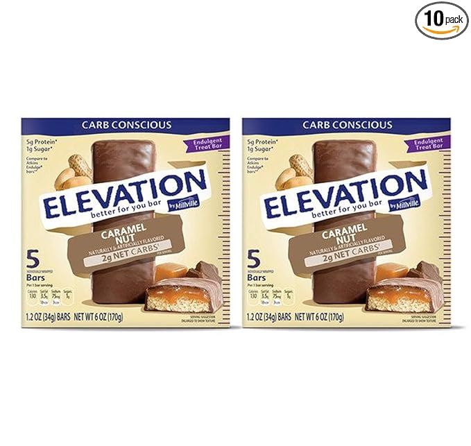 Millville Elevation Protein Bars Snack Endulgent Treat 1.4oz Bars 5g Protein (Caramel Nut 2 Pack (10 Bars))