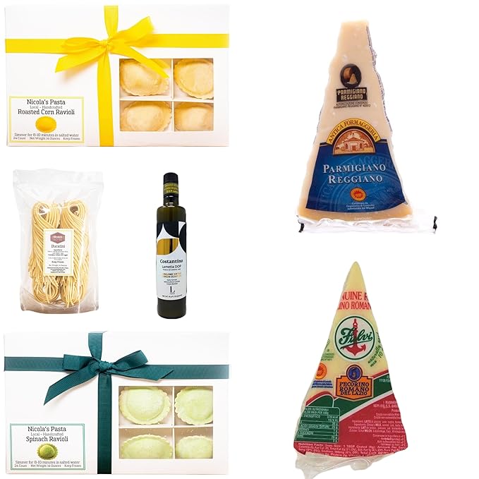 Authentic Cacio e Pepe Bundle with Roasted Corn Ravioli Handmade Bucatini DOP Pecorino Romano &amp Parmigiano Reggiano DOP Extra Virgin Olive Oil – Italian Gourmet Meal