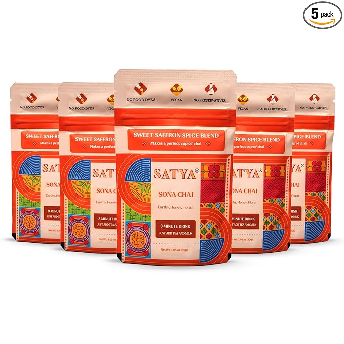 Satya Sona Chai Masala Mix 1.05 oz Sachets (Pack of 5-150gm) – Sweet Saffron Indian Chai Spice Blend - Vegan Gluten &amp Dye Free Low Sodium Authentic Masala for Tea Dessert &amp Golden Milk - 30