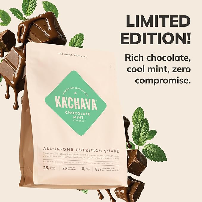 Ka’Chava Whole Body Meal Shake Chocolate Mint 2 lb – Vegan Protein Powder with 85+ Superfoods &amp Greens – Plant-Based Meal Replacement with Probiotics &amp Digestive Enzymes – Gluten &amp Dairy F