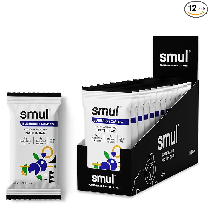 smul Plant Based Protein Bar – Blueberry Cashew – 12g Protein Only 4g Sugar Gluten Free Non-GMO Vegan Dairy Free – High Fiber Snack to Satisfy and Sustain – 12 Pack