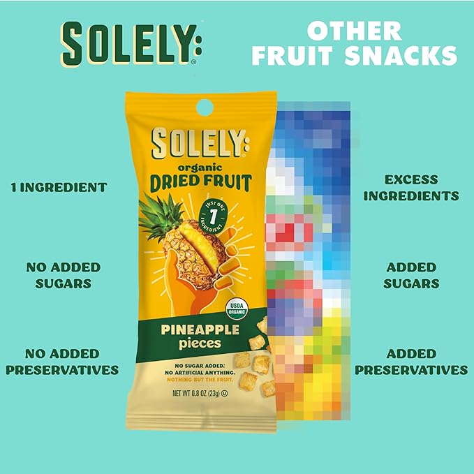 SOLELY - Organic Dried Fruit Pineapple Pieces (1 Box 12 Single Serving Bags per Box) - Real Fresh Fruit - Healthy Snacks for Adults &amp Kids - Non GMO Vegan Snacks Shelf Stable - 12 Bags (1 oz)
