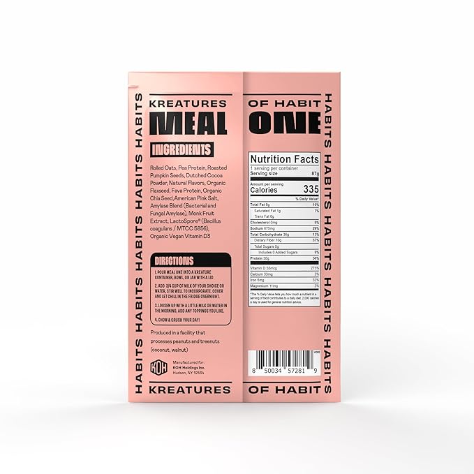 Kreatures of Habit MEAL ONE | Overnight &amp Instant Superfood Protein Meal Replacement | Gluten Free Dairy Free 30g of Plant Based Protein With No Added Sugar | Chocolate | Pack of 7