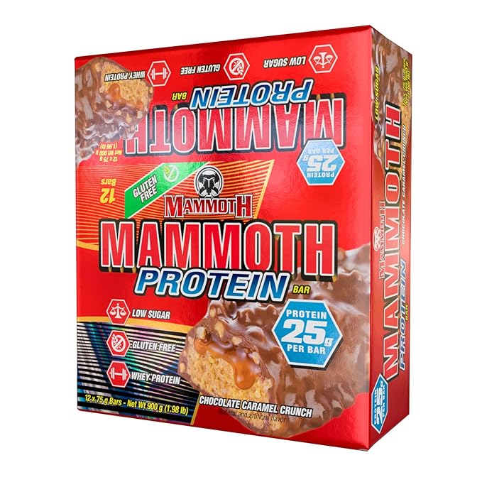 MAMMOTH Protein Bar 25g Protein Low Sugar Low Carb Gluten Free 12 x 65g (12 Count Chocolate Caramel)