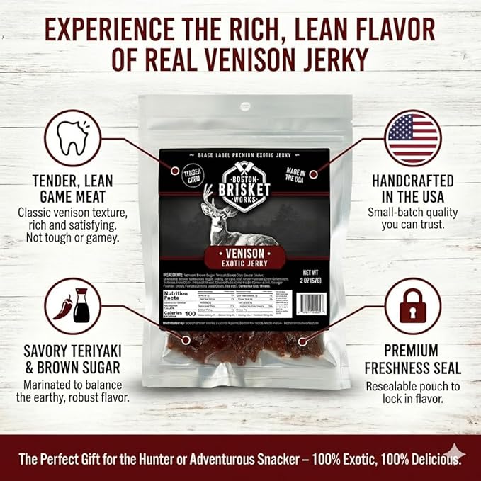 VENISON JERKY - Premium Deer Meat - Wild Game Snack - Gift for Hunters &amp Outdoorsman - Cool Meat Lover Present for Dad Brother